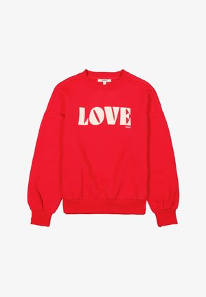 Sudadera roja de algodón con escote redondo y mangas abullonadas. Presenta la palabra "AMOR" en letras blancas y en negrita en la parte frontal.