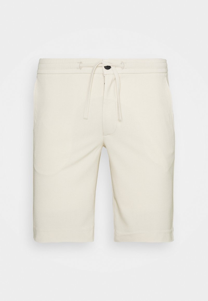 Světlé béžové šortky vyrobené z jemné tkaniny, s elastickým pasem a šňůrkou, bočními kapsami a rovnými nohavicemi.