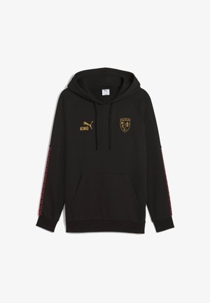 Hanorac negru dintr-un amestec de bumbac, cu un buzunar tip cangur, detalii cu logo auriu și dungi roșii cu model pe mâneci.