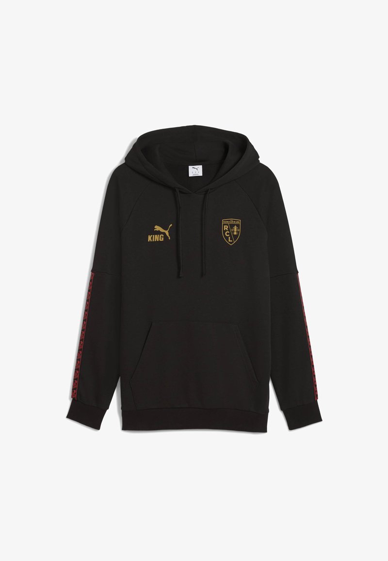 Felpa nera in misto cotone, dotata di tasca a marsupio, dettagli del logo dorati e barre rosse a motivo lungo le maniche.