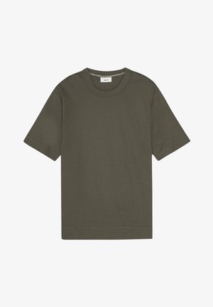 T-shirt w kolorze oliwkowym z bawełny, z okrągłym dekoltem, krótkimi rękawami, prostym dołem i minimalnymi detalami szwów.