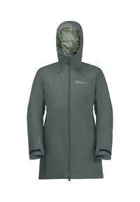 Giacca impermeabile di colore verde scuro, con zip davanti, cappuccio regolabile e polsini elasticizzati. Realizzata in materiale TEXAPORE per garantire durabilità.