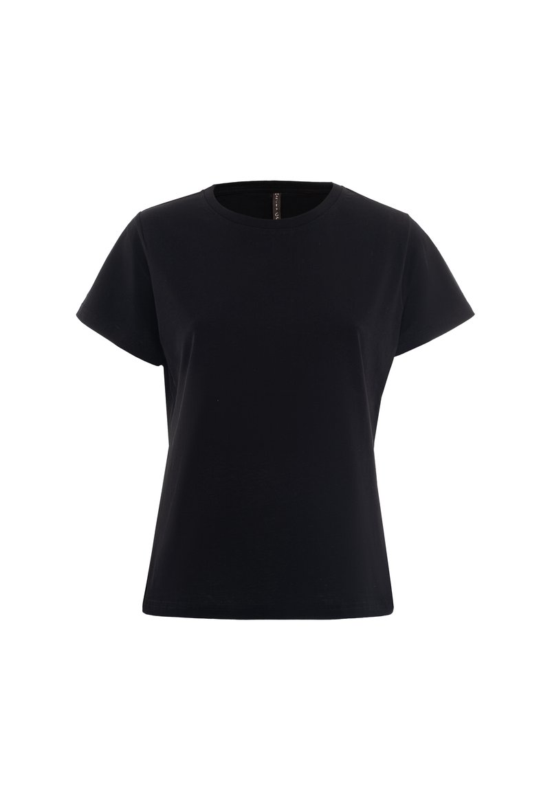 T-shirt noir à manches courtes en coton. Doté d'un col rond et d'une coupe décontractée. Texture lisse sans motifs ni accents visibles.