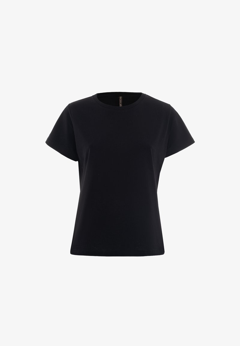 T-shirt nero a maniche corte realizzato in cotone. Presenta un colletto a girocollo e una vestibilità comoda. Texture liscia senza motivi o accenti visibili.