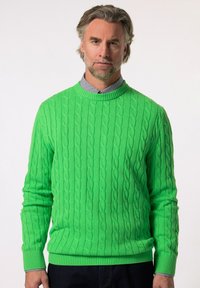 Zelený svetr s pleteným vzorem a kulatým výstřihem s žebrovanými manžetami. Nnošený přes šedou kostkovanou košili, která má texturovanou, měkkou látku.