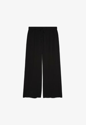 Black wide-leg pants with elastic waistband and front drawstring, relaxed fit, casual style.