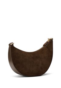 Brown suede handbag with a curved, half-moon shape. Features smooth leather trim and a gold-tone zipper closure for stylish functionality.