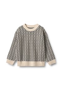 Beige und schwarz gemusterter Strickpullover mit langen Ärmeln, gerippten Bündchen, Saum und Rundhalsausschnitt.
