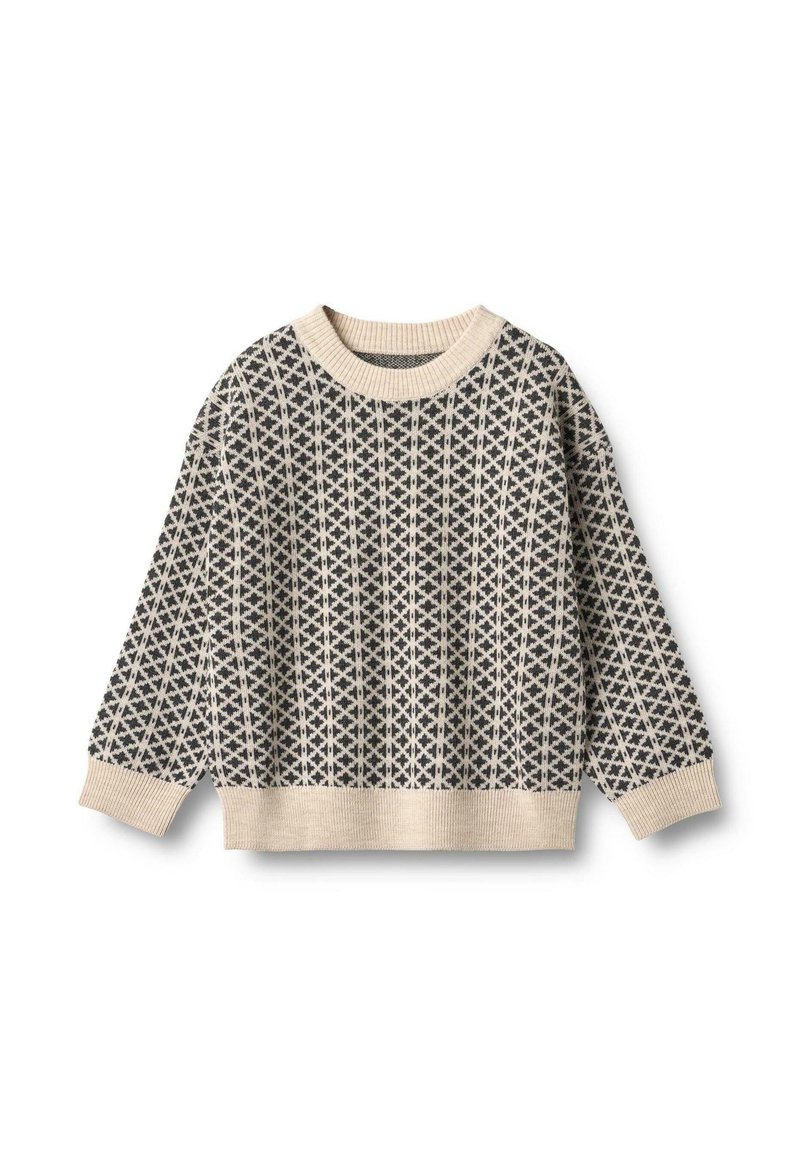 Beige und schwarz gemusterter Strickpullover mit langen Ärmeln, gerippten Bündchen, Saum und Rundhalsausschnitt.