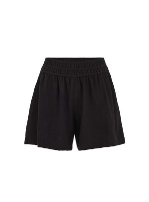 Czarne luźne szorty z elastycznym pasem, marszczonym ściągaczem i miękką, lekką tkaniną.