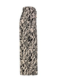 Black and beige wide-leg trousers featuring an all-over leaf pattern, elastic waistband, and drawstring with wooden accents.