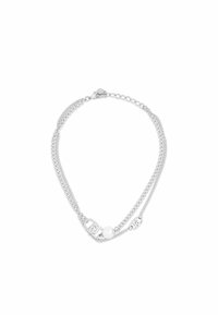 Collana in argento con due catene sovrapposte, una liscia e una texturizzata, con una perla bianca e dettagli decorativi.
