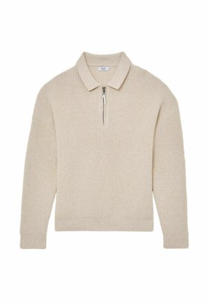 Beige ribbed knit sweater with long sleeves, collar, and a short front zipper.
