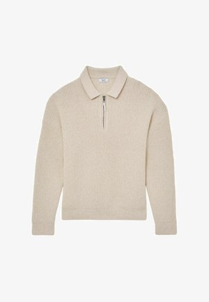 Beežikas soonikkoes kampsun pikkade varrukate, krae ja lühikese esilukuga.