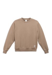 Beige ronde hals sweatshirt met lange mouwen, ribgebreide manchetten en zoom, een gladde textuur en een klein merkje aan de onderkant links.