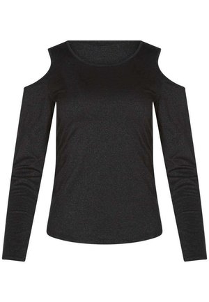 Haut noir à manches longues avec découpes aux épaules, col rond et texture légèrement scintillante sur l'ensemble. Design simple et ajusté.