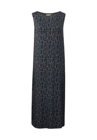Sleeveless maxi dress in dark navy with a geometric gray pattern, made from lightweight fabric, featuring a straight cut and round neckline.