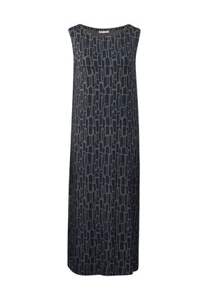Sleeveless maxi dress in dark navy with a geometric gray pattern, made from lightweight fabric, featuring a straight cut and round neckline.