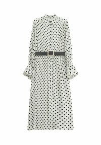 Abito a pois bianco con pois neri, maniche lunghe, chiusura frontale con bottoni e dettagli arricciati. Include una cintura nera con fibbia quadrata.