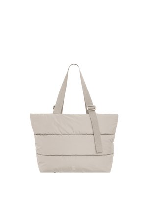 Borsa a mano imbottita beige con due manici e una tracolla regolabile, caratterizzata da cuciture orizzontali e piccolo logo del marchio vicino al fondo.