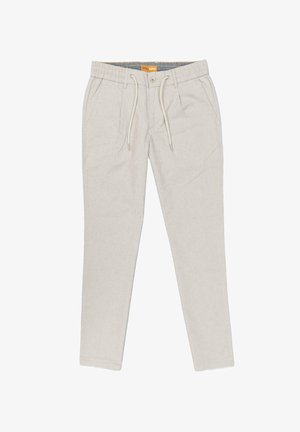 Light beige, tapered pants with a textured weave, elastic waistband, drawstring closure, and side pockets.
