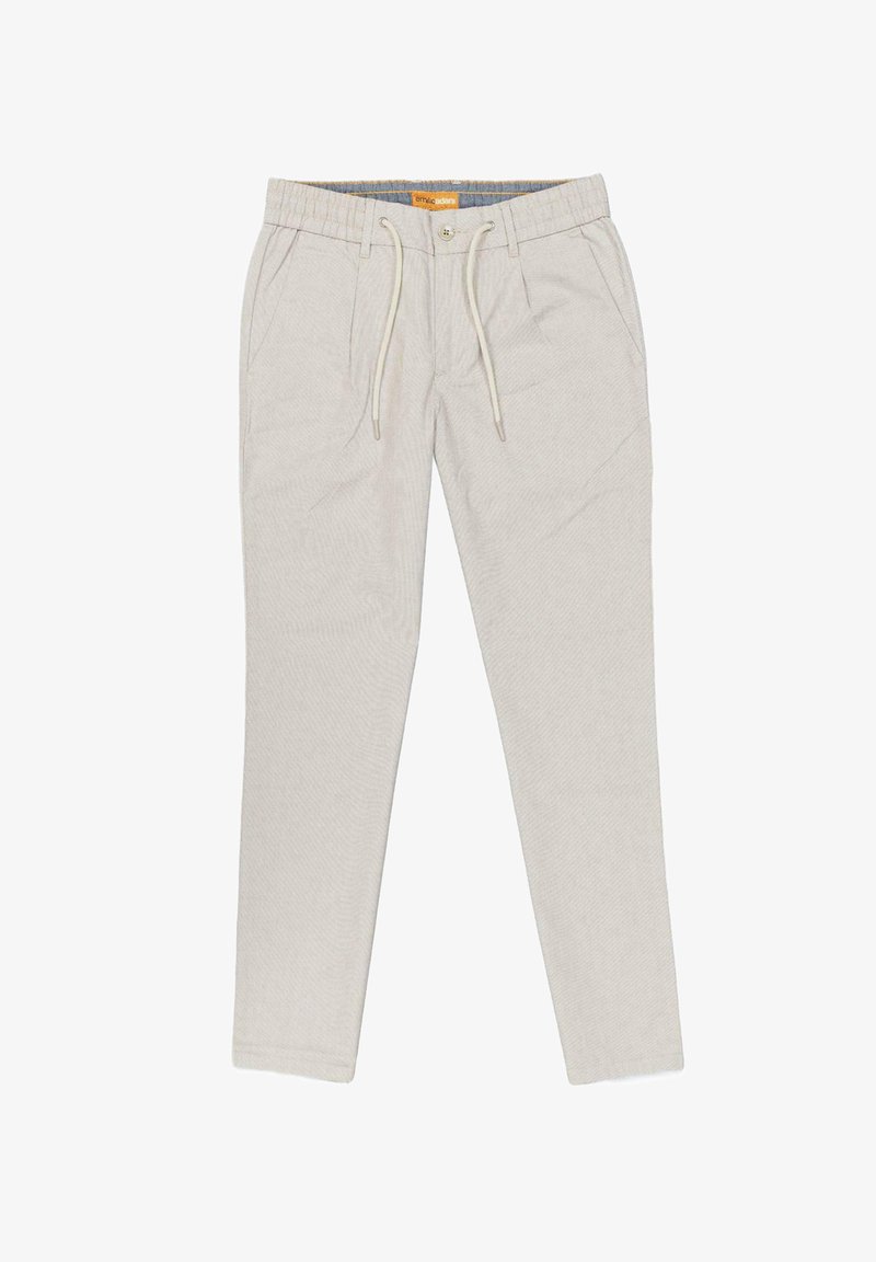 Light beige, tapered pants with a textured weave, elastic waistband, drawstring closure, and side pockets.