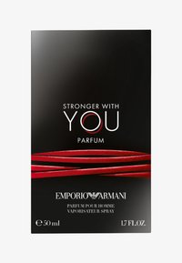 Zwarte Emporio Armani "Stronger With You" mannenparfumdoos met rood golfontwerp, 50 ml, 1,7 fl oz vaporisateur spray.