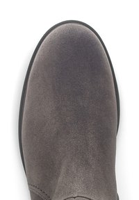 Gray suede ankle boot with a smooth finish, rounded toe, minimal stitching, and a black rubber sole. Top view showcases the sleek design.