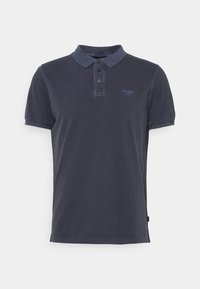 Polo-shirt bleu marine en coton, avec un col, une patte de boutonnage à trois boutons et un petit logo sur la poitrine.