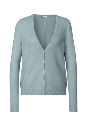Light blue V-neck cardigan with long sleeves, front buttons, ribbed cuffs, and hem, displayed on a white background.
