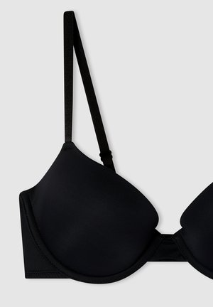 Reggiseno imbottito nero con spalline regolabili, tessuto liscio, scollatura profonda e bordi senza cuciture, dotato di chiusura centrale con gancio.