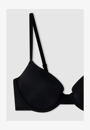 Reggiseno imbottito nero con spalline regolabili, tessuto liscio, scollatura profonda e bordi senza cuciture, dotato di chiusura centrale con gancio.