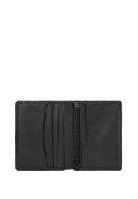 Černá kožená peněženka s několika přihrádkami na karty, přihrádkou na zip, hladkou texturou a propracovaným prošitím. Kompaktní a funkční design.