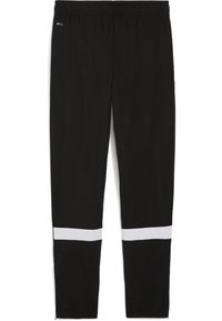 Zwarte sportbroek met een elastische tailleband, voorzien van witte streepaccenten vlakbij de zoom. Gladde textuur, taps toelopend design.