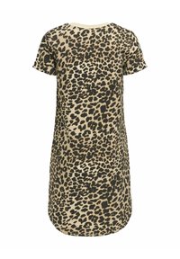 T-shirt klänning med leopardmönster, rund halsringning, korta ärmar och en lätt böjd fåll. Tillverkad av mjukt tyg i beiga och svarta nyanser.