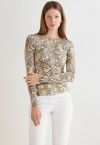 Langarmtop in een slangenhuidpatroon, met een beige en bruine kleurencombinatie, gemaakt van een soepele, rekbare stof.
