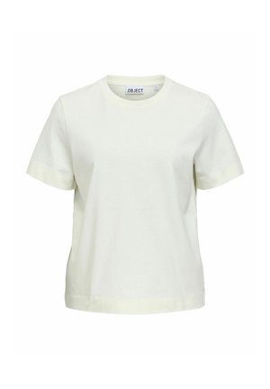 T-shirt blanc à manches courtes avec col rond, coupe décontractée et petite étiquette de marque (.OBJECT) à l'intérieur du col.