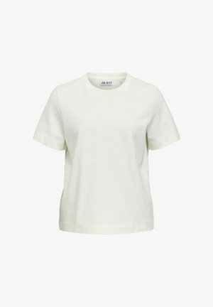 T-shirt blanc à manches courtes avec col rond, coupe décontractée et petite étiquette de marque (.OBJECT) à l'intérieur du col.