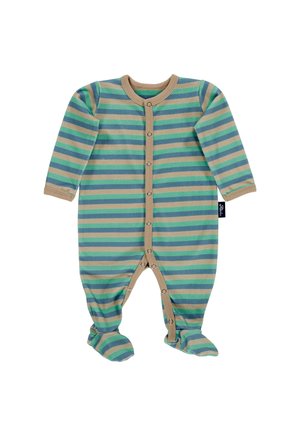 Long-sleeve baby onesie with footies, green and blue horizontal stripes, beige trim, and front snap buttons.