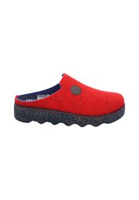 Red felt slip-on clog with a navy inner lining, textured dark sole featuring a wave pattern and decorative stitching. Round logo accent on side.