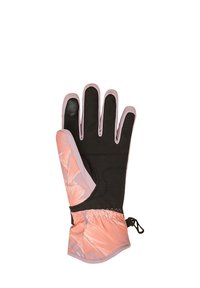 Čierna a ružová rukavica s textúrovanou dlaňou, elastickým zápästím, kvetinovým vzorom na strane a šnúrkou na zabezpečenie pevného uchopenia.