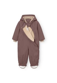 Combinaison de neige isolée de couleur marron avec une doublure en polaire beige, fermeture éclair à l'avant, poignets élastiques et sangles pour les pieds pour un ajustement sécurisé. Design avec capuche.