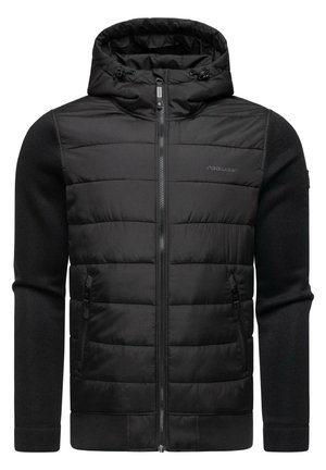 Schwarze Jacke mit gepolstertem Vorderteil und gestrickten Ärmeln. Sie verfügt über einen Reißverschluss, eine Kapuze mit Kordelzügen und seitliche Reißverschlusstaschen.