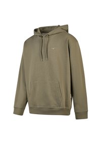 Olive green hooded sweatshirt with long sleeves, a kangaroo pocket, and a small logo on the chest. Made from a soft, textured fabric.