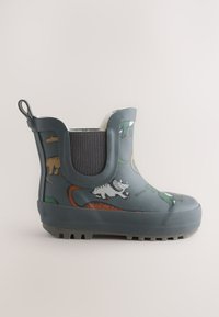 Botte en caoutchouc gris ornée d'imprimés de dinosaures et d'animaux colorés, avec une semelle texturée, une languette de tirage et un doublure douce autour du col.