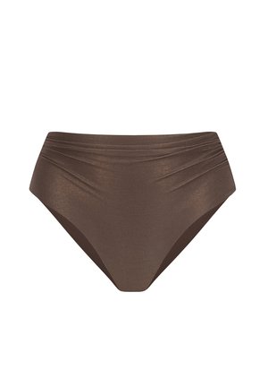 Brązowe bikini z wysokim stanem, z delikatnym poziomym prążkowaniem i subtelnym marszczeniem po bokach.