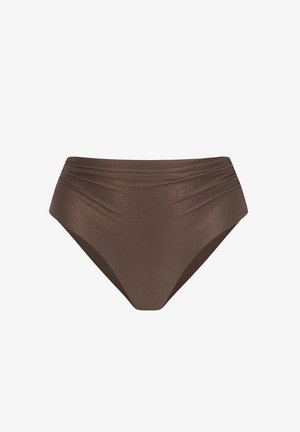 Brązowe bikini z wysokim stanem, z delikatnym poziomym prążkowaniem i subtelnym marszczeniem po bokach.