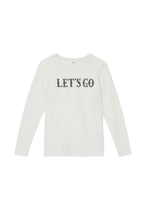Weißes langärmliges T-Shirt mit schwarzem Text "LET'S GO", lockerer Schnitt und Rundhalsausschnitt, aus weichem Baumwollmaterial.