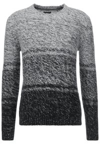 Pull en tricot gris présentant un motif dégradé allant du gris clair au noir, avec un col rond et des manches longues, mettant en avant une finition texturée.
