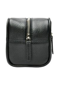 Zwarte leren cosmetica tas met een gestructureerd oppervlak, vierkant van vorm, boven rits en een kleine leren labelaccent.